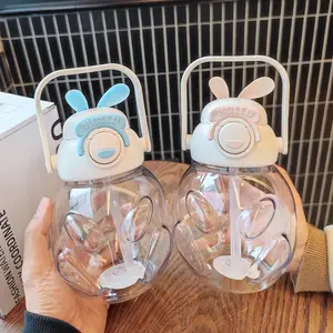 1000ML/32oz Cute Rabbit Plastic water bottle , Large Capacity water bottle with Straw , Portable Handheld Outdoor Summer Water Bottle,great gift for kids,Back to school water bottle