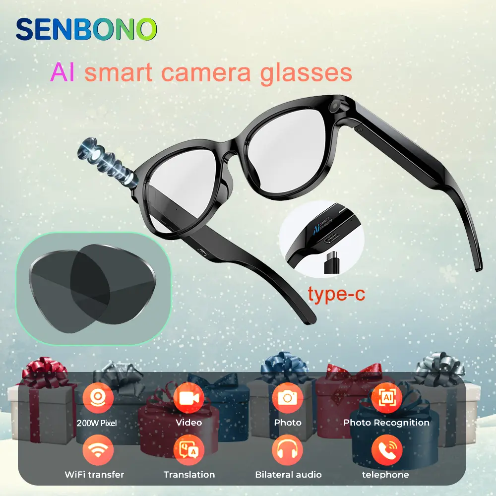 SENBONO Unisex Wearable Smart Glasses - AI-Tracking Camera, HD Video Recording, Bluetooth Open-Ear Audio, Wireless Phone Call, Lightweight Design, 290mAh Battery, Voice Control, Translation, Android & iOS/PC Compatible for Daily User, Cycling