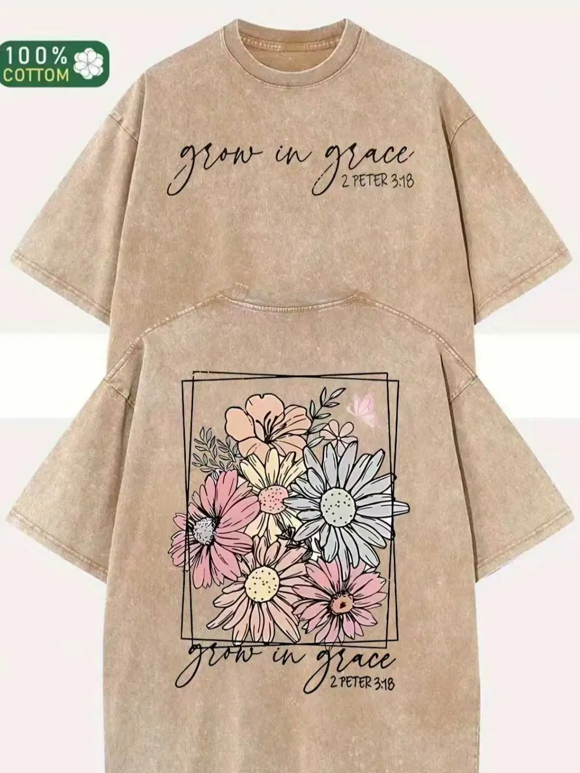 Women's Light Fashion T-Shirt, 'Grow in Grace' Floral Graphic Print, Simple Retro Washed 100% Cotton Shortsleeve with Round Neck, Loose, Casual