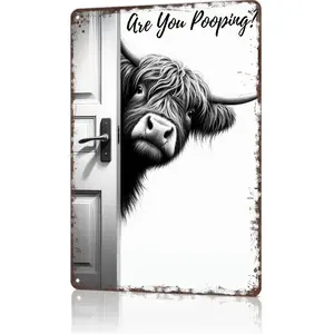 Vintage Highland Cow Aluminum Sign: Funny "Are You Pooping?" Black and White Bathroom Wall Decor for Western & Highland Cow Lovers 8 x 12 Inch Decorative Plaque