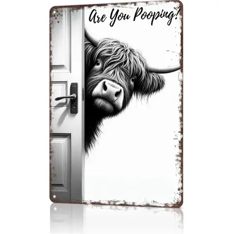 Vintage Rustic Rectangle Aluminium Highland Cow Decorative Plaque (8x12 in), Bold Black-White Fun Poop Design, Whimsical Home Decor Items, Cowboy Farm Animal Gift for Enthusiasts