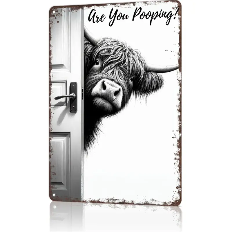 Trendy Waterproof Aluminium Highland Cow Bathroom Tin Sign - Cartoon Animals Themed "Are You Pooping" Peeking Print, Vintage Black & White Farmhouse Toilet Wall Art, Western Restroom Plaque, Wardrobe Accent, Anniversary Gift (Gorpcore Style)