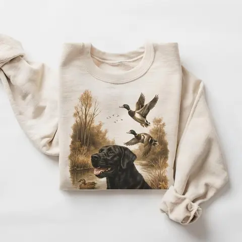 Retro Black Lab Mallard Ducks Sweatshirt , 90s Vintage Wildlife Labrador Retriever Hunting Duck Pullover, Boho Unisex Crewneck Sweatshirt