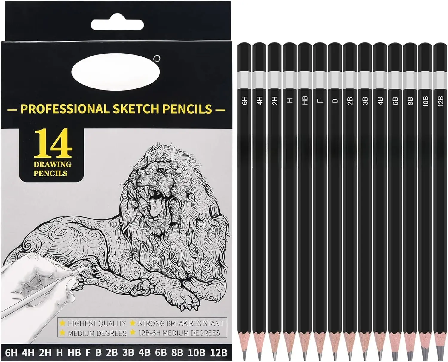 Professional Smooth Sketch Pencils Set - 14pcs Graphite Pencils (6H,4H,2H,H,HB,F,B,2B,3B,4B,6B,8B,10B,12B) with Long-Lasting Point Strength for Textured Shading, Drafting, Artists & Beginners (Office Stationery)
