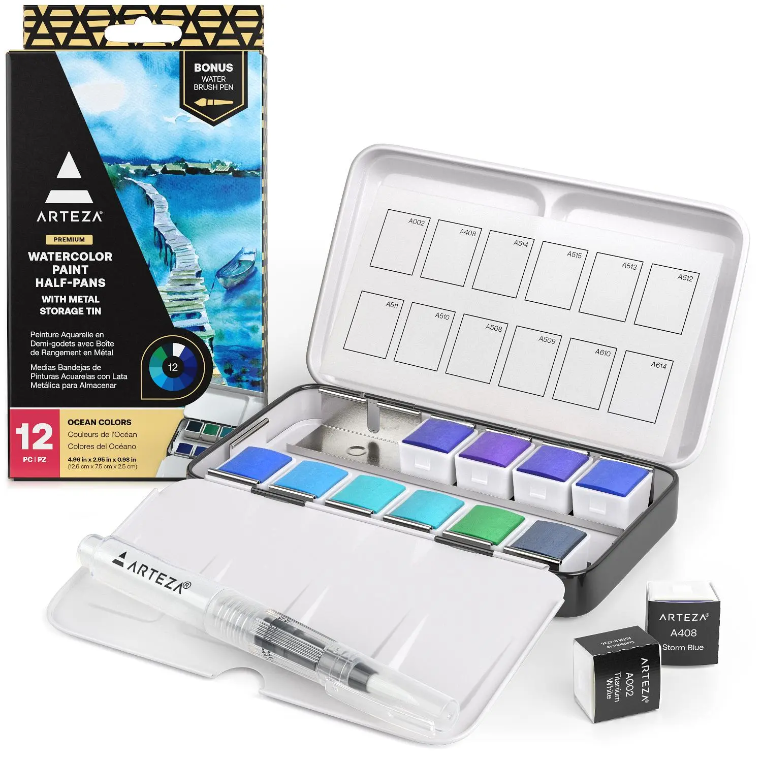 Arteza Portable Watercolor Half Pans Set - 12pc Ocean Tones, Durable Metal Container, Easy to Use, Refillable Water Brush Pen, Activate with Water, for Nature Scenes, Quality Supplies for All Skill Levels - ARTZ-4516