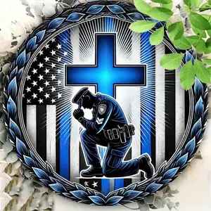 Aluminum Patriotic Police Officer Kneeling on Cross Round Welcome Sign American Flag Metal Wall Art Home Decor 7.8x7.8 Inch for Indoor Outdoor