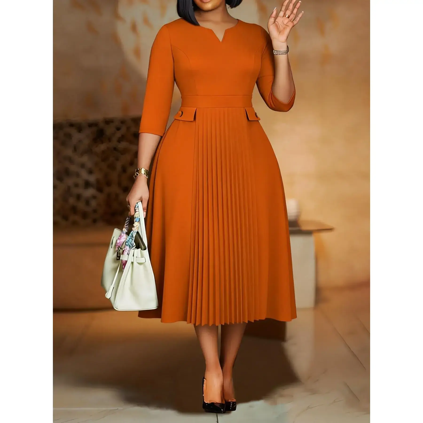 Elegant Women's Formal Church Dresses Pleated A-Line, Modest & Classy, 3/4 Sleeves, African Style, Suitable for Office, Parties, and Autumn Wear (New Arrival) - TikTok Shop Elegant Women's Formal Church Dresses Pleated A-Line, Modest & Classy, 3/4 Sleeves, African Style, Suitable for Office, Parties, and Autumn Wear (New Arrival) - TikTok Shop