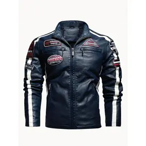 Men's long-sleeved zippered motorcycle jacket with stand-up collar panels is stylish and chic for casual wear for autumn and winter Tops Black Menswear Coats Lawn