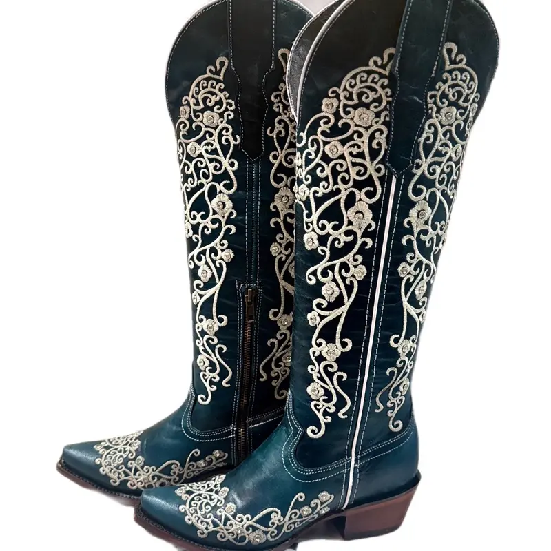 Turquoise Tall Snip Toe Boots with Intricate Embroidery and Rhinestone Accents for Western Style