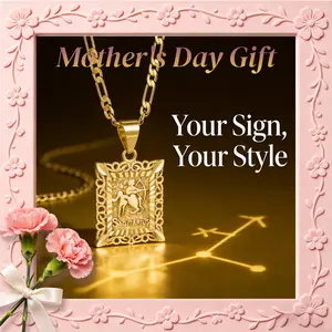 KissYan Zodiac Pendant Necklace for Women Men, 14K Gold Plated Square Constellation Sign Horoscope Figaro Chain Jewelry Birthday Gift Mothers Day Gift Ideas