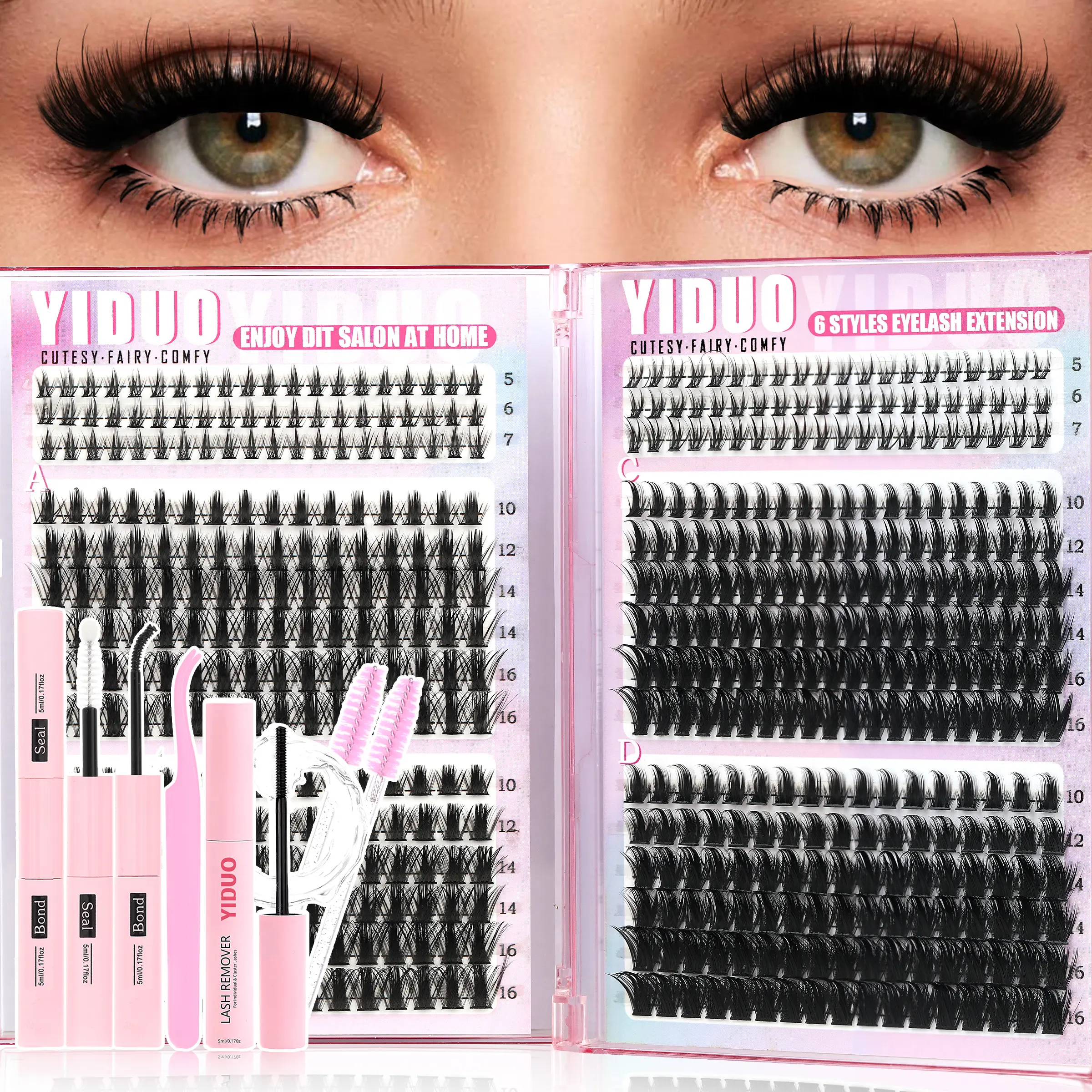6 Styles Volume Lash Clusters Kit, Eyelash Extensions Set, Individual false eyelash, FairyA/B+Bottom-A/B Lash Extensions 10-18mm 534 Pcs Individual Eyelash Extensions with Eyelash extension glue, Lash Bond and Seal, Lash Remover, Tweezers, Eyelash Brush