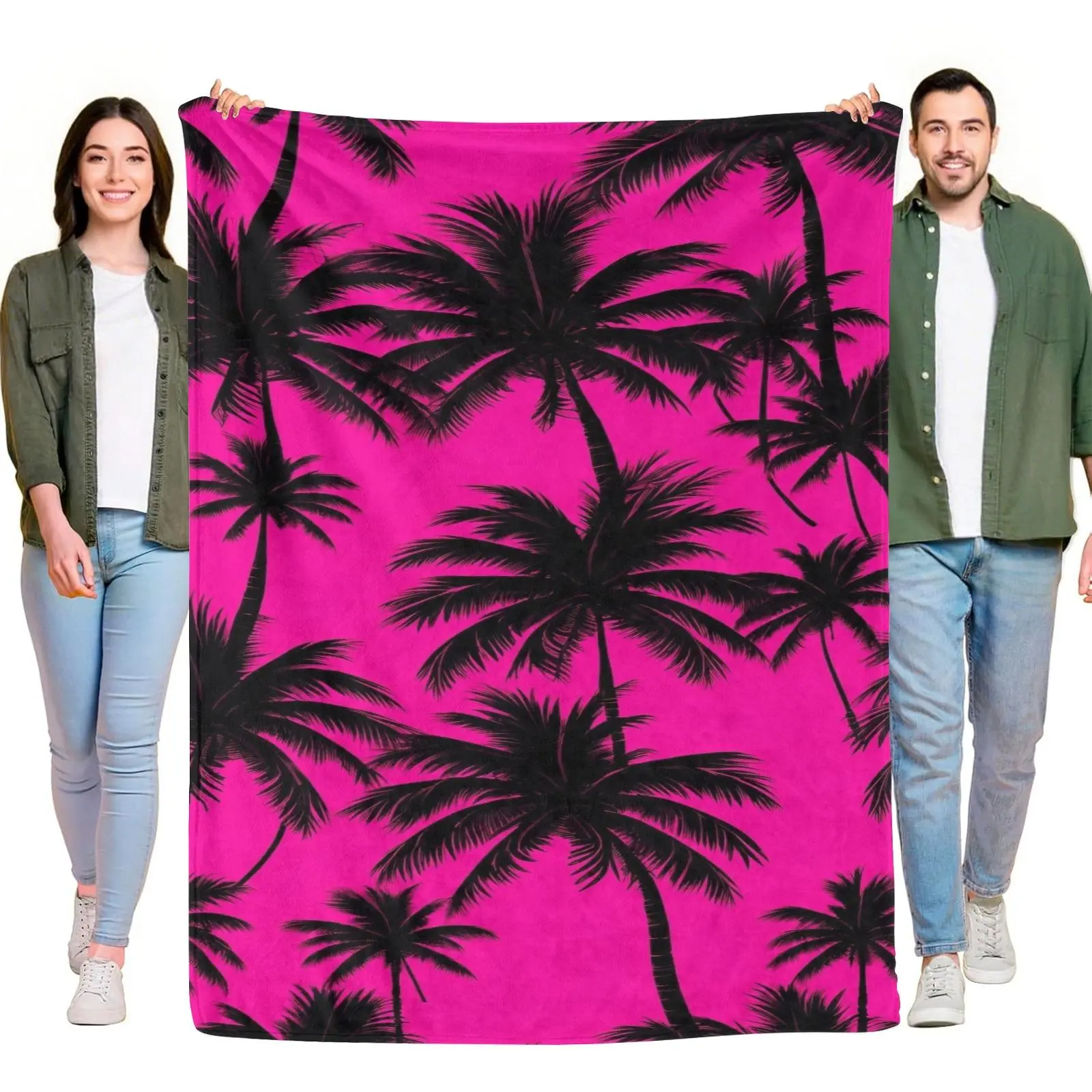 Flannel Blanket Hot Pink Black Palm Tree Tropical Silhouette Print Ultra Soft Fluffy Blanket Vacation Beach Home Cover