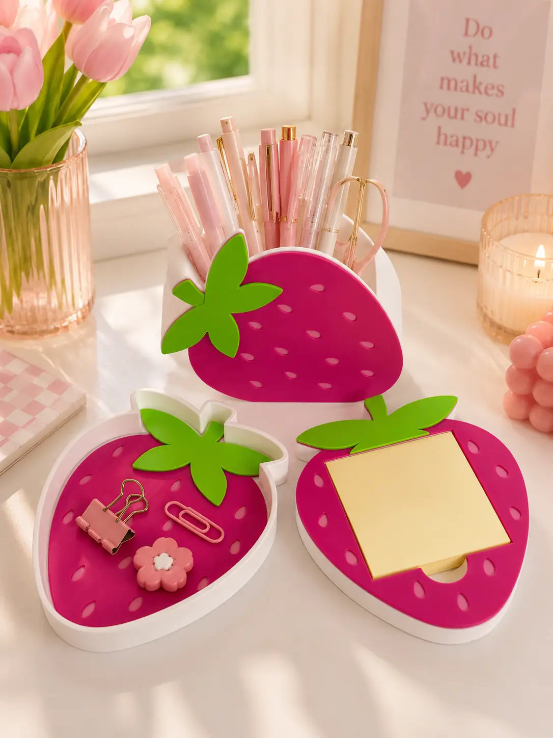 Strawberry Desk Organizer Set | Pen Holder, Sticky Note Holder & Storage Tray