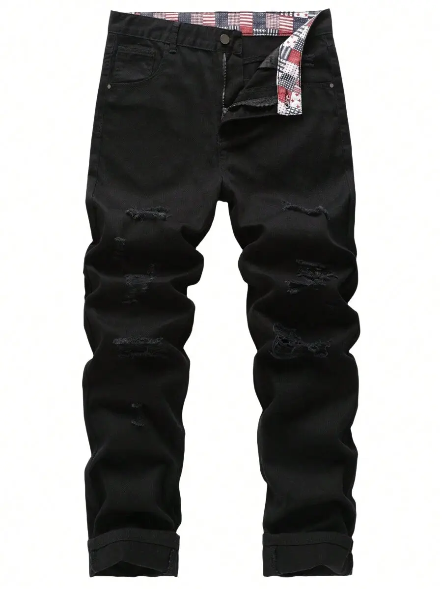 Men's Ripped Non-Stretch Regular Fit Straight-Leg Denim Pants Jeans