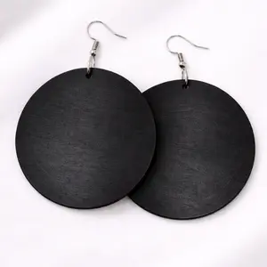 Boho Wooden Disc Earrings Large Round Dangle Earrings Black Light Brown Beige