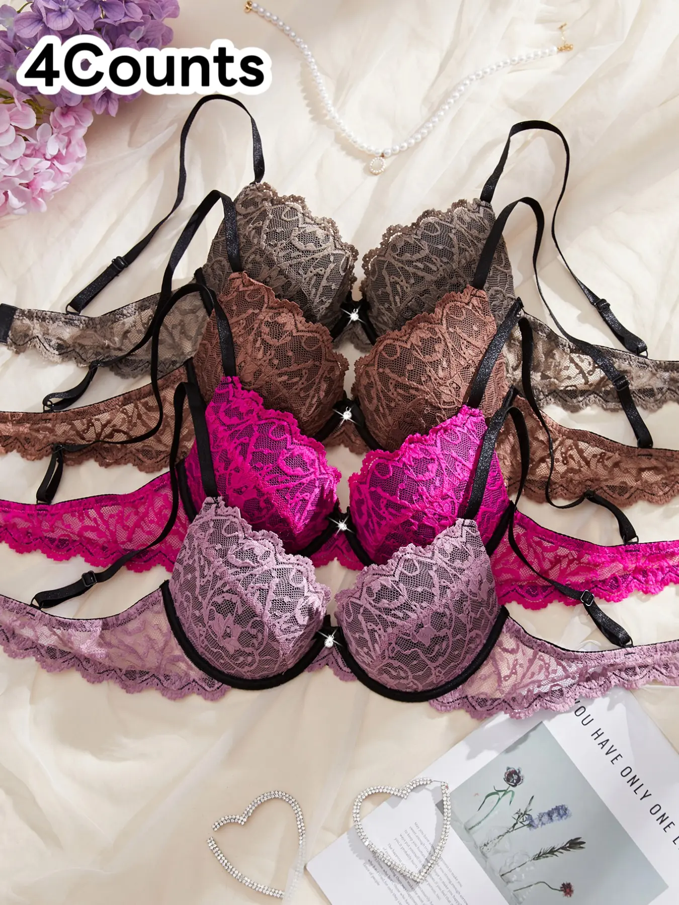 Women's Sexy Push-Up Bra Set of 4, Lace Bras, Lace Trim Design, Underwire Support, Perfect for Daily Wear, Comfortable and Stylish - TikTok Shop Women's Sexy Push-Up Bra Set of 4, Lace Bras, Lace Trim Design, Underwire Support, Perfect for Daily Wear, Comfortable and Stylish - TikTok Shop