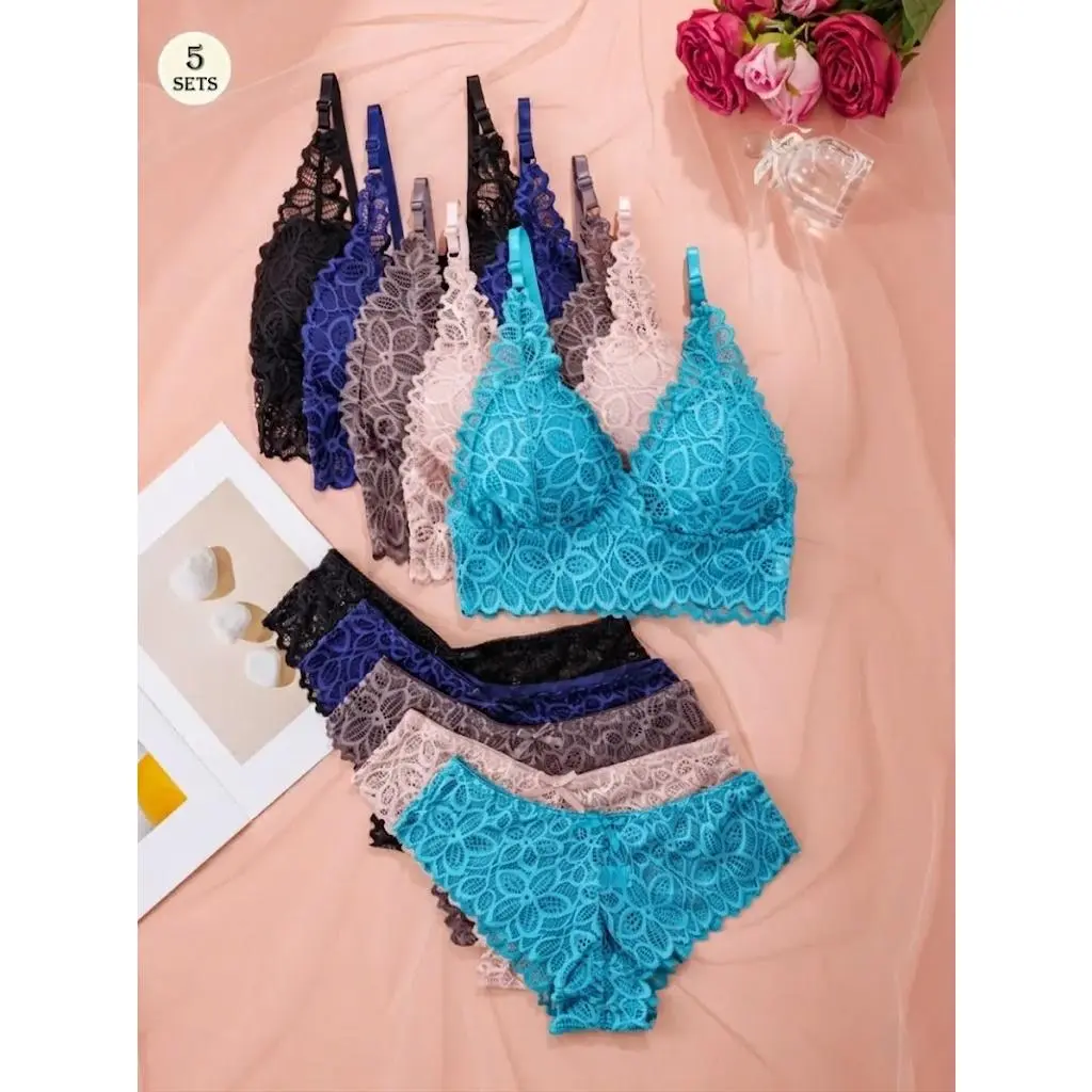 Velquin  Women's Floral Lace Adjustable Strap Push Up Bra & Panty Set, Casual Comfy Breathable Bra & Knicker Set, Lingerie Set for Women, Bra Sets underwear fashion trainersMother's Day