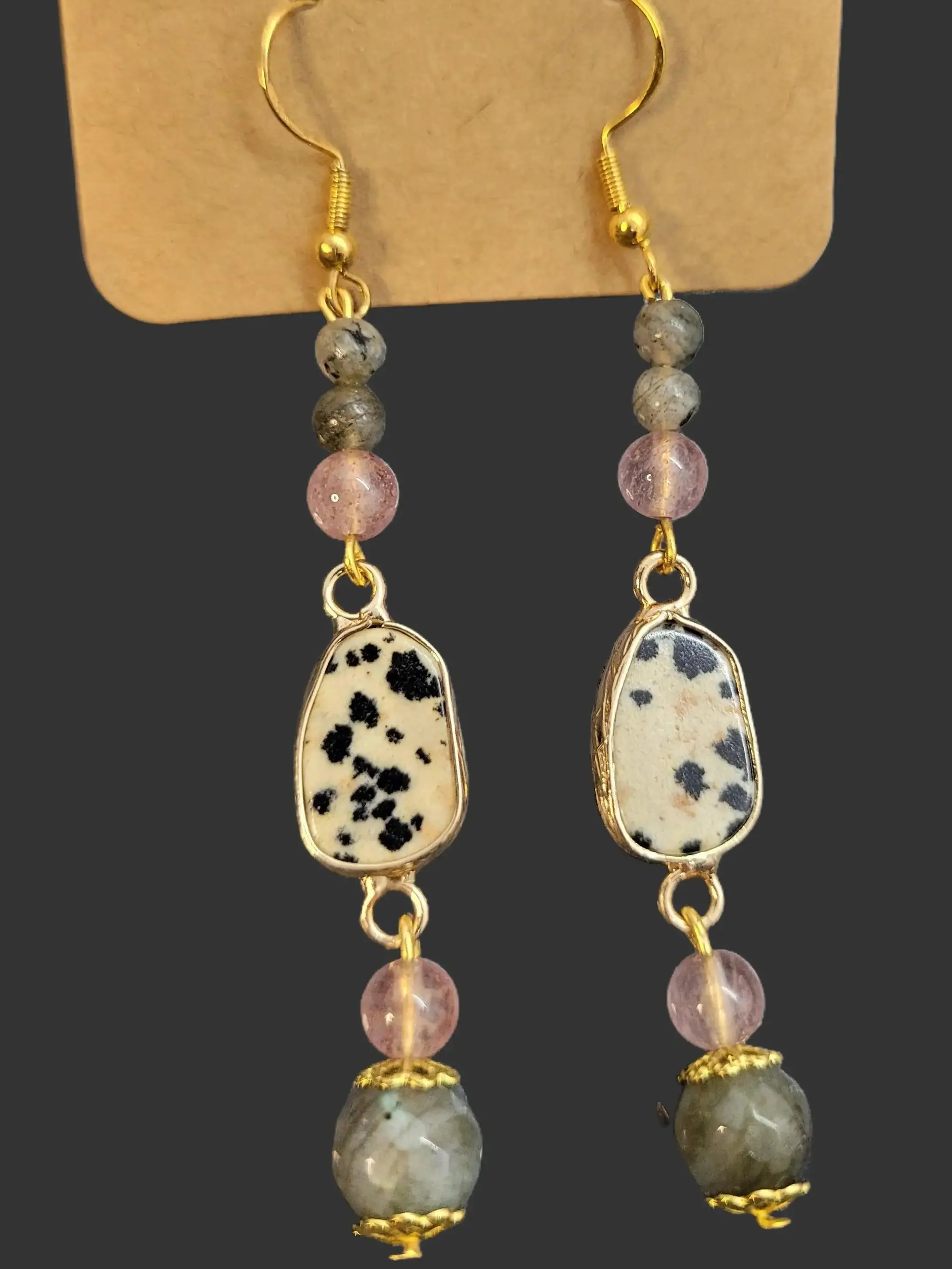 Dalmatian Jasper, Labradorite & Strawberry Quartz Earrings - Gold - Handmade - Natural Crystal Beads