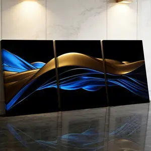 3 Counts Wooden Framed Canvas Painting, Canvas Prints, Blue And Gold Abstract Wave Images, Abstract Art Design, Artistic Exquisite Poster, Perfect Gift, Decor For Living Room, Bedthroom, Modern Art, Fashion Family Poster, Wall Art Decoration