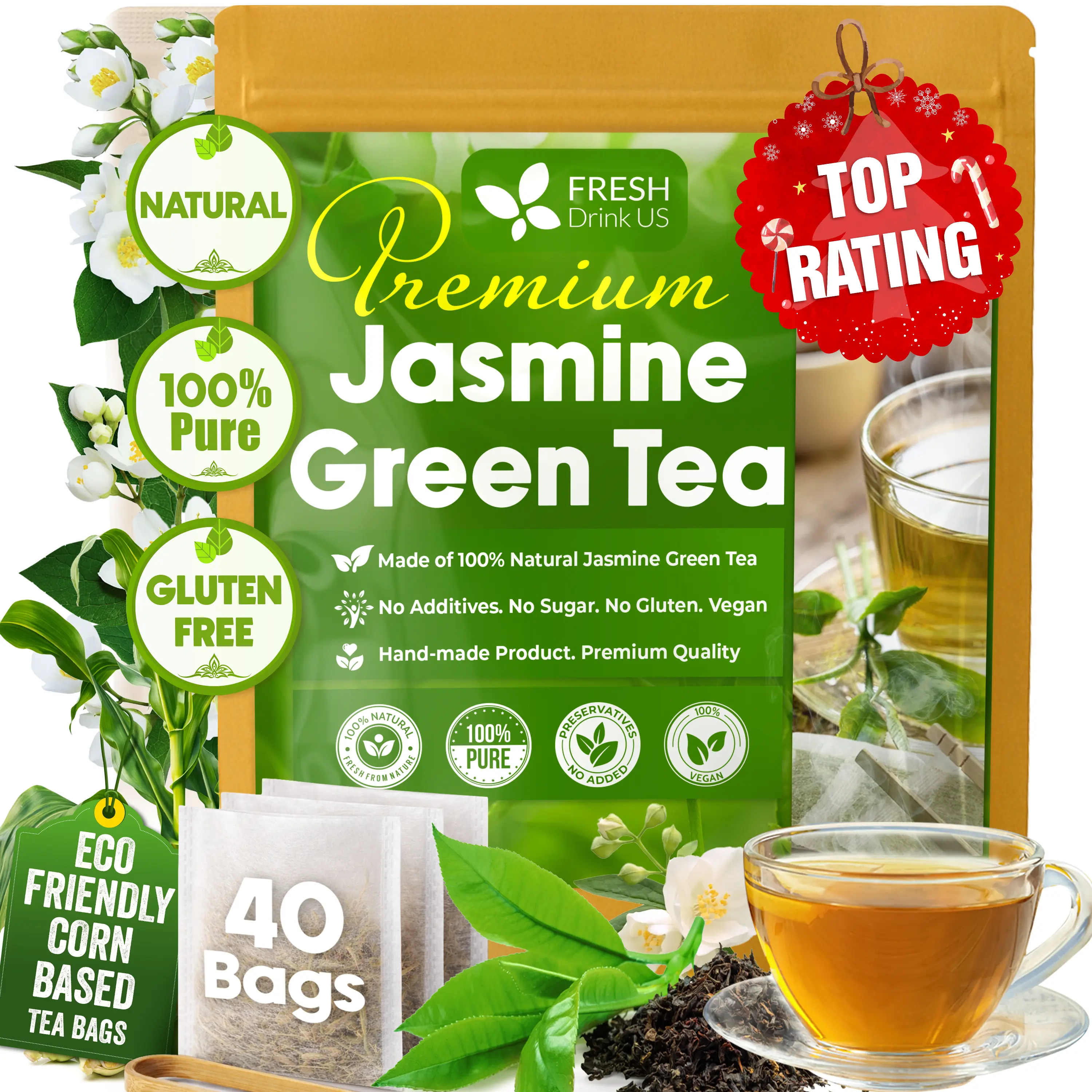 FreshDrinkUS, Premium 40 Jasmine Green Tea Bags, 100% Natural & Pure from Jasmine Green Tea. Jasmine Green Herbal Tea. Made with Natural Material Tea Bags. No Sugar, No Gluten, Vegan.