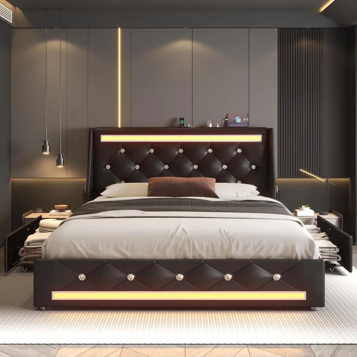 Queen Size Platform Bed Frame with LED Lights, Upholstered Bed Frame with Charging Station and Diamond Headboard, Wooden Slats, Easy Assembly, Noise Free,  No Box Spring Needed, Black