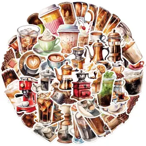Coffee Themed Sticker, 50pcs/set Watercolor Coffee Pattern Decorative Sticker, DIY Decals for Water Bottle, Laptop, Phone Case, Scrapbooking, Journal Making, Ornaments