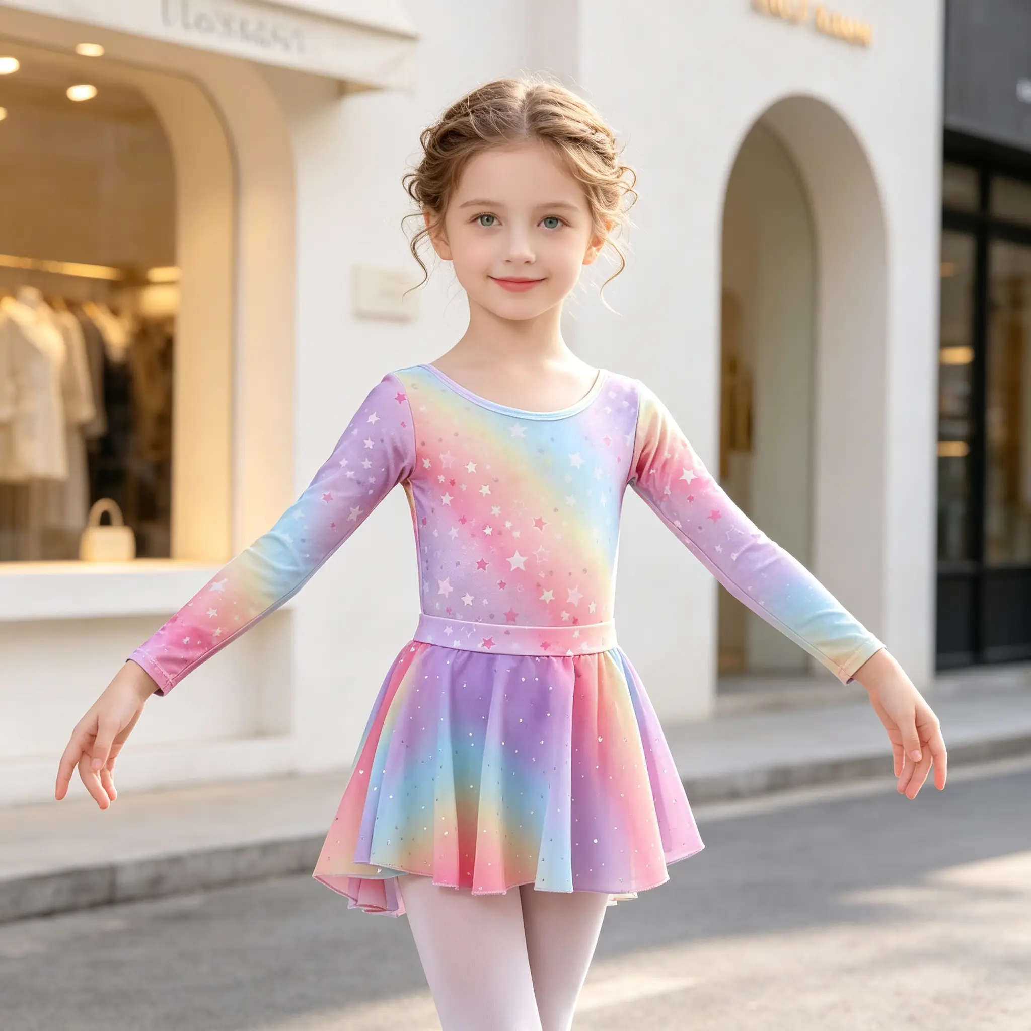 Little Girls Princess Dance Costume, Rainbow Star Print Long‑Sleeve Ballet Tutu Dress, Soft Stretchy Performance Outfit for 3‑12Y Kids, Ideal for Ballet Class, Stage Show, Birthday Party, Photo Shoot