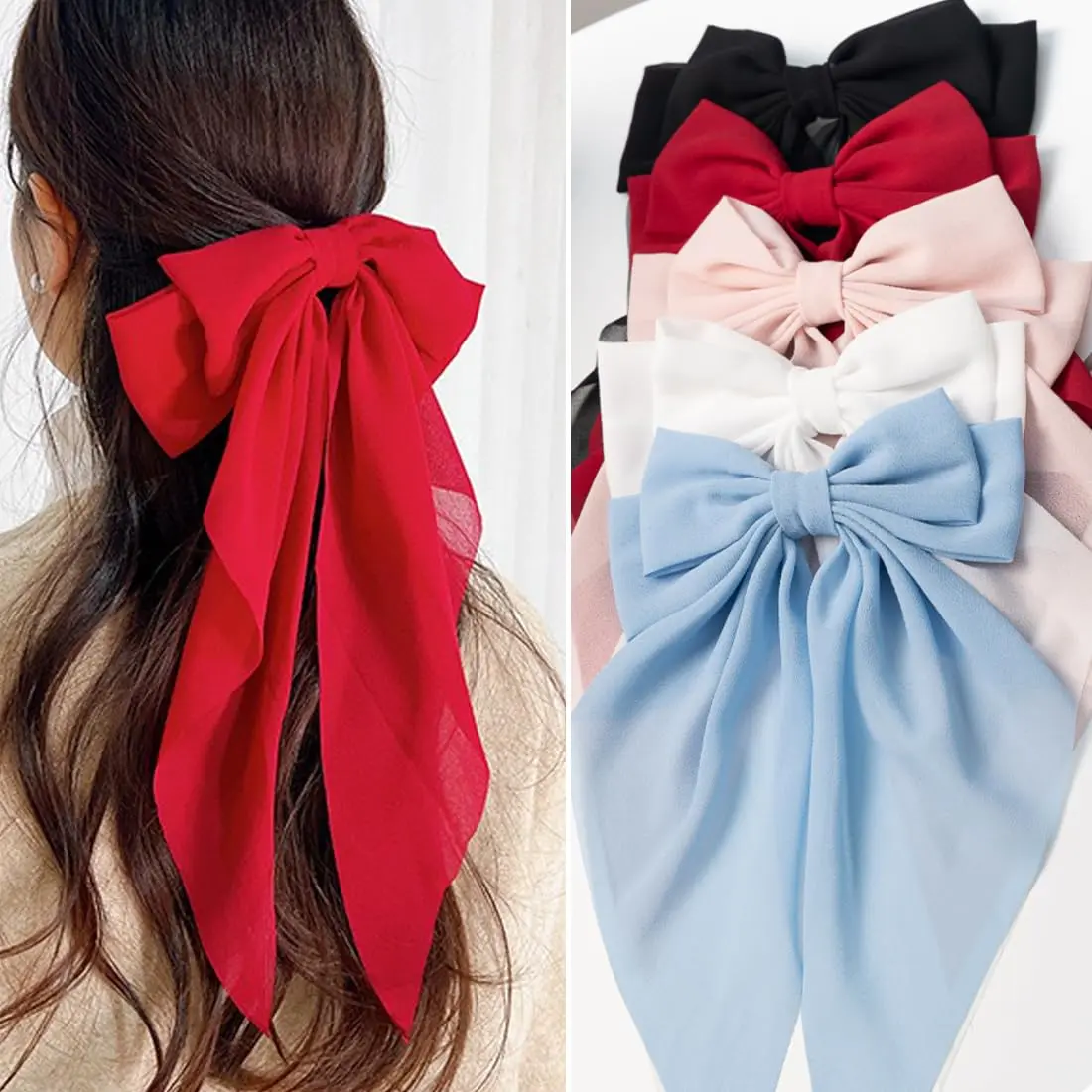 5pcs Large Satin Bow Barrette Hair Clips Long Ribbon Bow Clip Big Hair Bows for Women French Barrettes Metal Clips Hair Clip for Girls Cute Accessories (Style A black pink white blue)