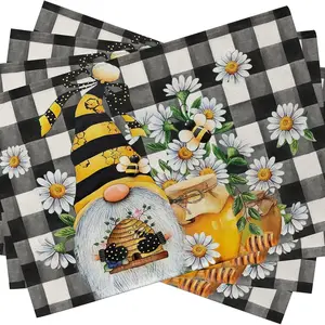2D flat printing, 2-piece/4-piece/6-piece/8-piece set of dwarf daisy placemats, honey black and white water buffalo checkered dining table placemats, summer seasonal farmhouse kitchen decoration home decoration