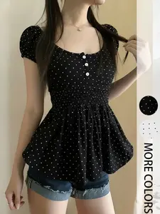Polka Dot Print Cute Peplum Tops for Women, Button Front Blouse, Waist Cinch Pleated Sweet Versatile Round Neck Baby Doll Tee Shirts, Streetwear Chic Fitted Style Clothing