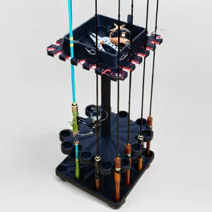 Tcakelox Freestanding Rotating Fishing Rod Rack – No-Drill Lure Rod Stand, Home Display Organizer, Tool-Free Assembly, Holds up to 24 Rods, with Rolling Wheels