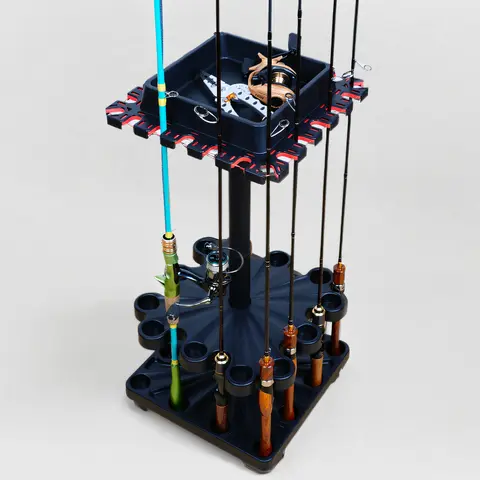 Tcakelox Freestanding Rotatable Fishing Organizer Storage - No Drilling, Tool-Free Assembly, Rolling Wheels, Easy Mobility, Holds 24 Rods, Home Display Ready, Rolls to Any Spot, Rods Storage Solution