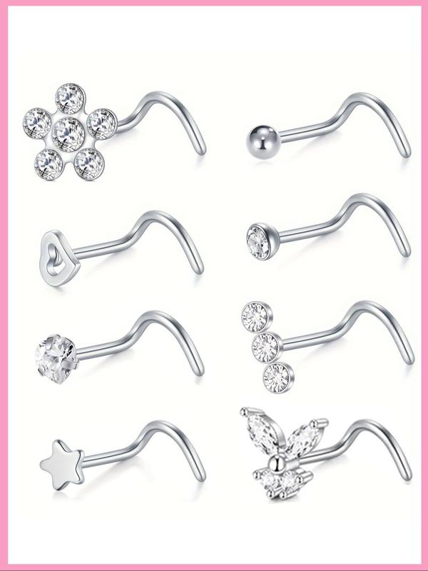 Women's 20g Nose Ring Stud Earrings, Surgical Steel Nose Stud with Shiny Cz Flower Design, Heart Butterfly Floral Patterns, Nose Piercing Jewelry