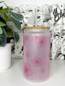 Sakura Inspired Glass Cup With Straw