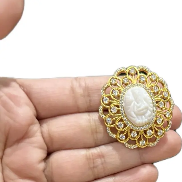 Adjustable Fitted Gold Metal Ring - Traditional Ganesha Hand Motif, Intricate Design, Shiny Goldplated Finish, Multi-Size Design Ring, Adjustable Fitted Rings, Gold Metal Rings