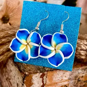 Hawaiian Plumeria Flower Earrings Dangle Silver Tone Frangipani Clay Small Blue   Handcrafted Jewelry