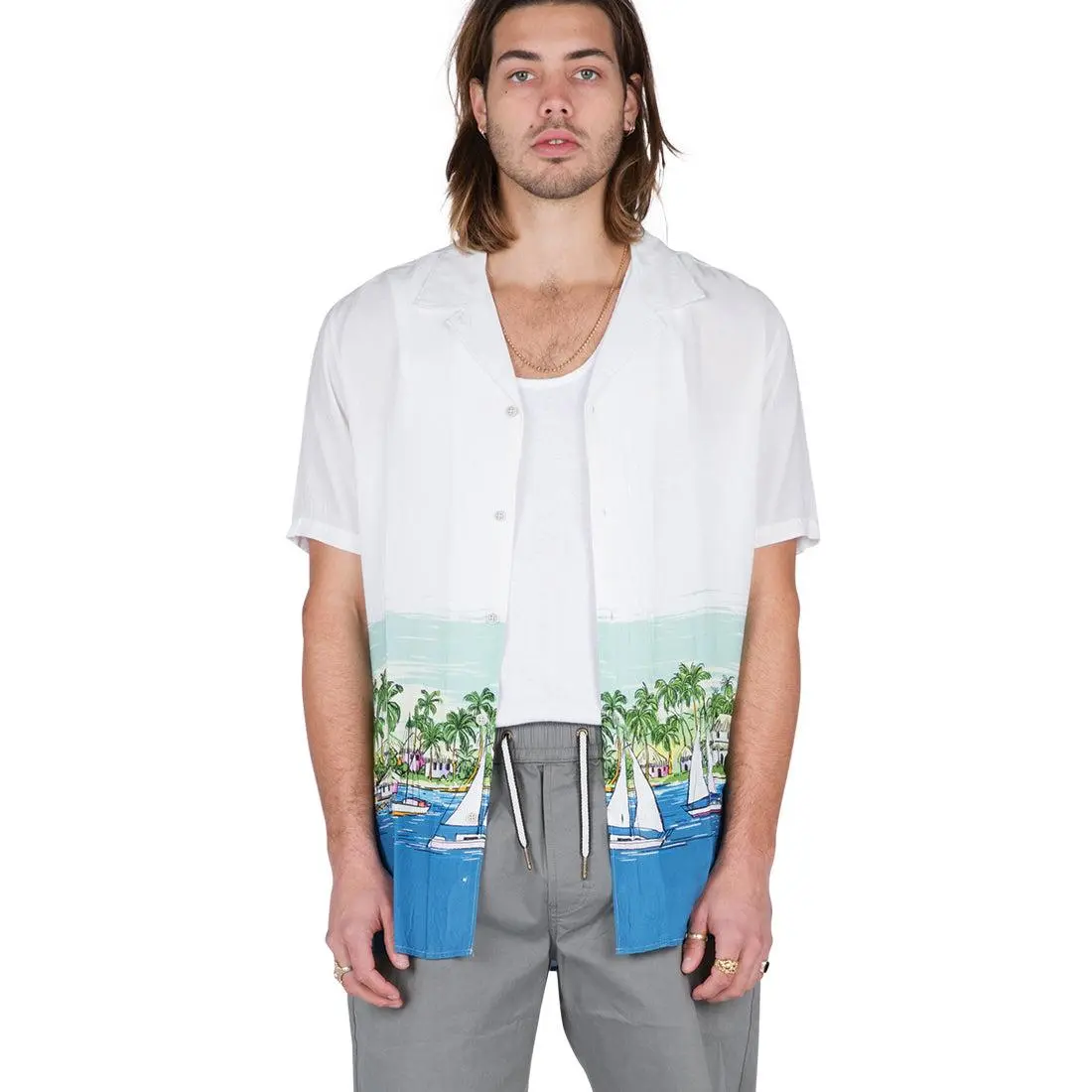 BARNEY COOLS: WHITE VACATION CAMP SHORT SLEEVE BUTTON-DOWN SHIRT