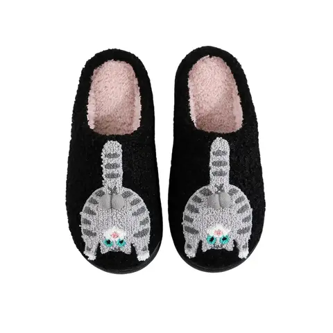 Cute Cat Plush Slippers, Low Flat Slides for Women & Men, Cozy Comfortable Indoor House Shoes for Autumn Winter, Cute Slippers, Fluffy House Slippers, Flat Slipper
