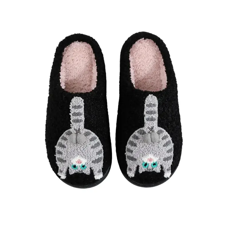 Cute Cat Plush Slippers, Low Flat Slides for Women & Men, Cozy Comfortable Indoor House Shoes for Autumn Winter, Cute Slippers, Fluffy House Slippers, Flat Slipper