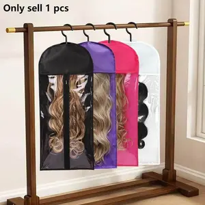 Hanging Wig Storage Bag with Hook, Zippered Transparent Dustproof Wig Holder, Dust Cover Hair Extensions Organizer for Dorms & Home Use