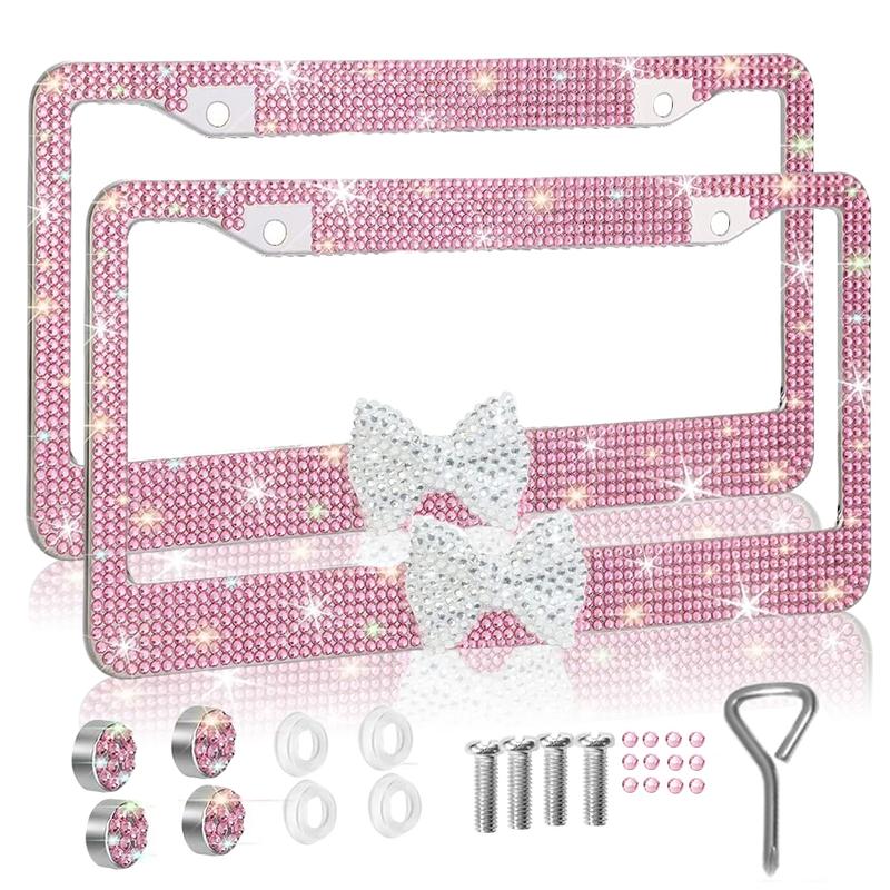 2pcs Sparkling Frames For Women - High-quality Stainless Steel Raine Stone Labels Covered With Handcrafted Crystal Diamonds And Gift Bows, Sparkling Car Parts For Girls Personalized Car Plate