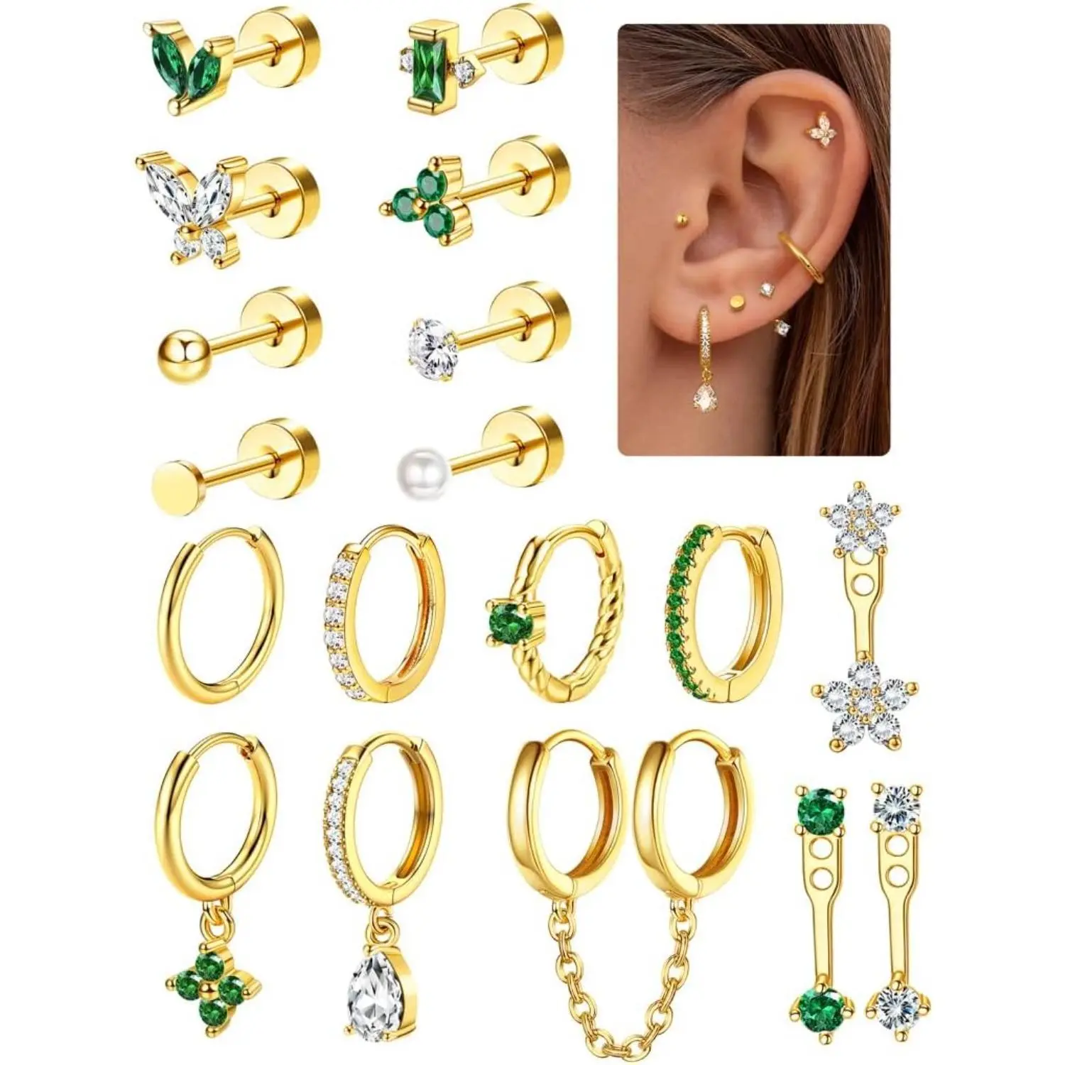 (NOT Sold in Pairs) 18pcs 18K Gold Plated Single Stainless Steel Flat Back Earrings Set for Women – Mix & Match Ear Piercing Jewelry Gifts summerwins