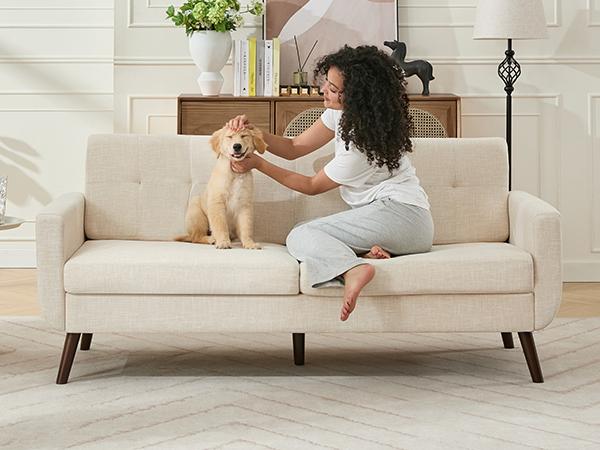 Tbfit 77.2" Linen Loveseat Sofa - Mid-Century Modern Compact Durable Easy Sofa Sets, Button Tufted Design, Solid Wood Legs, Pocket Spring Cushion, Easy Assembly, Summervibes, Compact Sofa Sets,dorm essentials,home decor