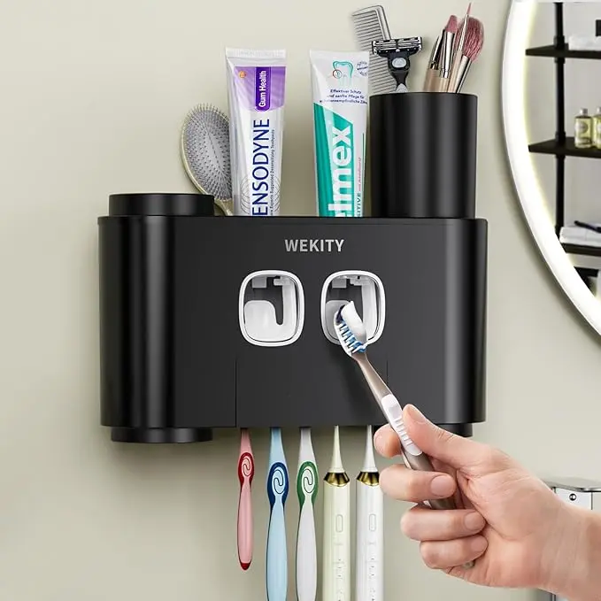 Toothbrush Holder Multi-Function Wall-Mounted, Automatic Toothpaste Dispenser & Dust-Proof Toothbrush Holder with 5 Brush Slots 4 Cups 2 Automatic Toothpaste Dispensers 1 Storage Slot (Black)