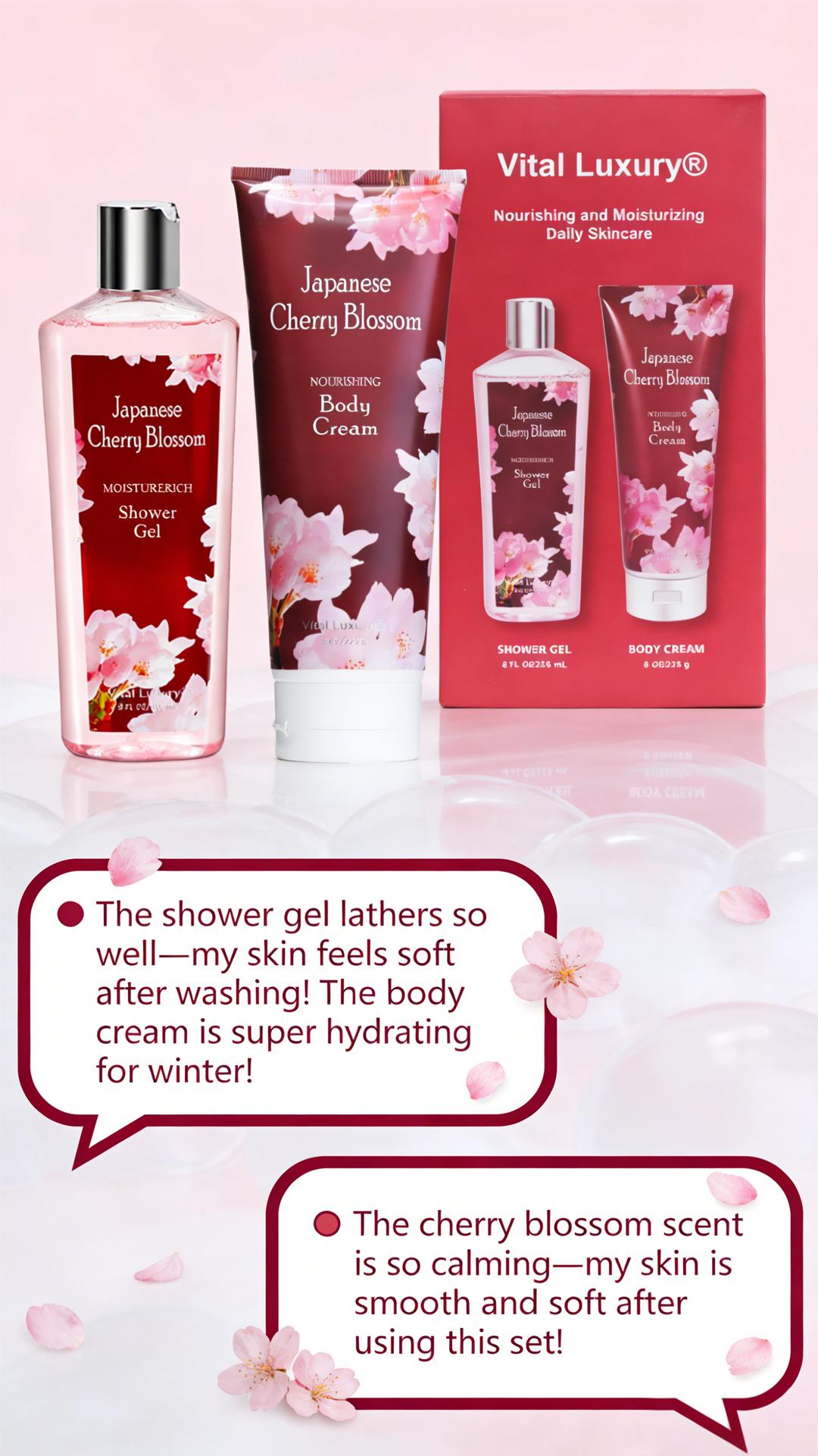 Vital Luxury Cherry Blossom Scented Bath Travel Set | 3oz Body Lotion, 3oz Body Mist | Rich Lather, All-Day Freshness, Moisturizing & Revitalizing | Ideal Gift for Mom, Wife, Sister & Girlfriend! Moisturize
