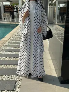 Hafizah Polka Dot Print Long Cardigan and Scarf Set, Chiffon Flowy Outerwear with Scarf, Plus Size Loose Fit Women's Two-Piece, All Seasons