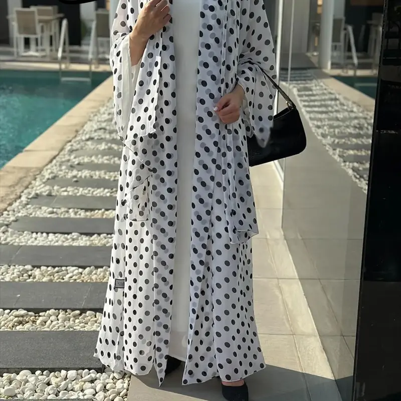 Hafizah Polka Dot Long Lightweight Flowy Cardigan Set, Chiffon Flowy Outerwear With Scarf, Plus Size Loose Fit Women's 2-Piece Cardigan Suit, All Seasons Longline Summer Cardigan