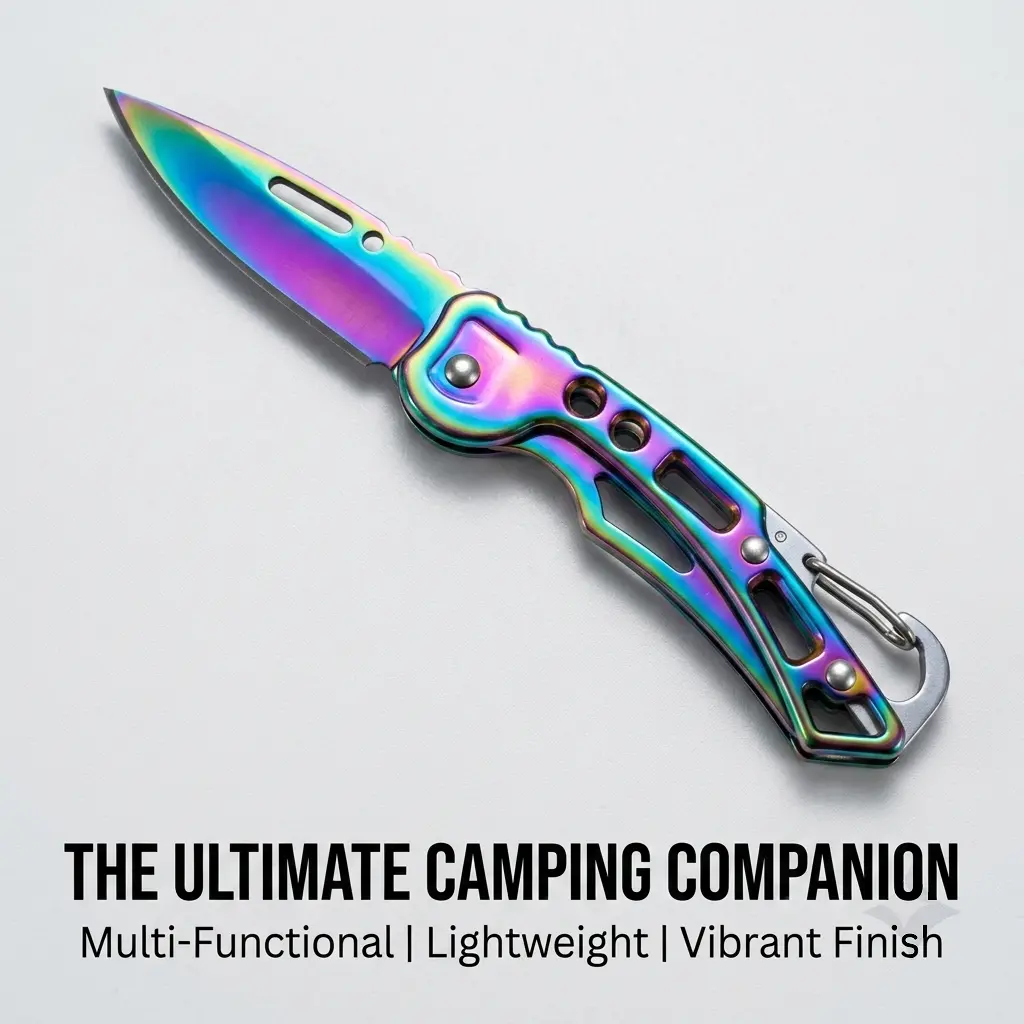 UFMUFM Foldable Rainbow Coated Stainless Steel Cutlery Set - Palm-Sized Portable Multipurpose Knife with Safe Lock, Backpack Clip, Knife Block, Outdoor Multifunctional Tools for Kitchen, Camping, Hiking Use