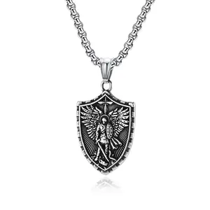 Stainless Steel Saint Michael Necklace St Michael the Archangel Shield Pendant Amulet for Men Women