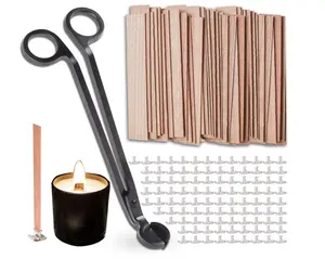 200Pcs Wooden Candle Wicks,Wood Candle Wicks Smokeless 5.1 x 0.5 Inch Natural Wood Wicks for Candles with Golden Candle Wick Trimmer and Iron Stand